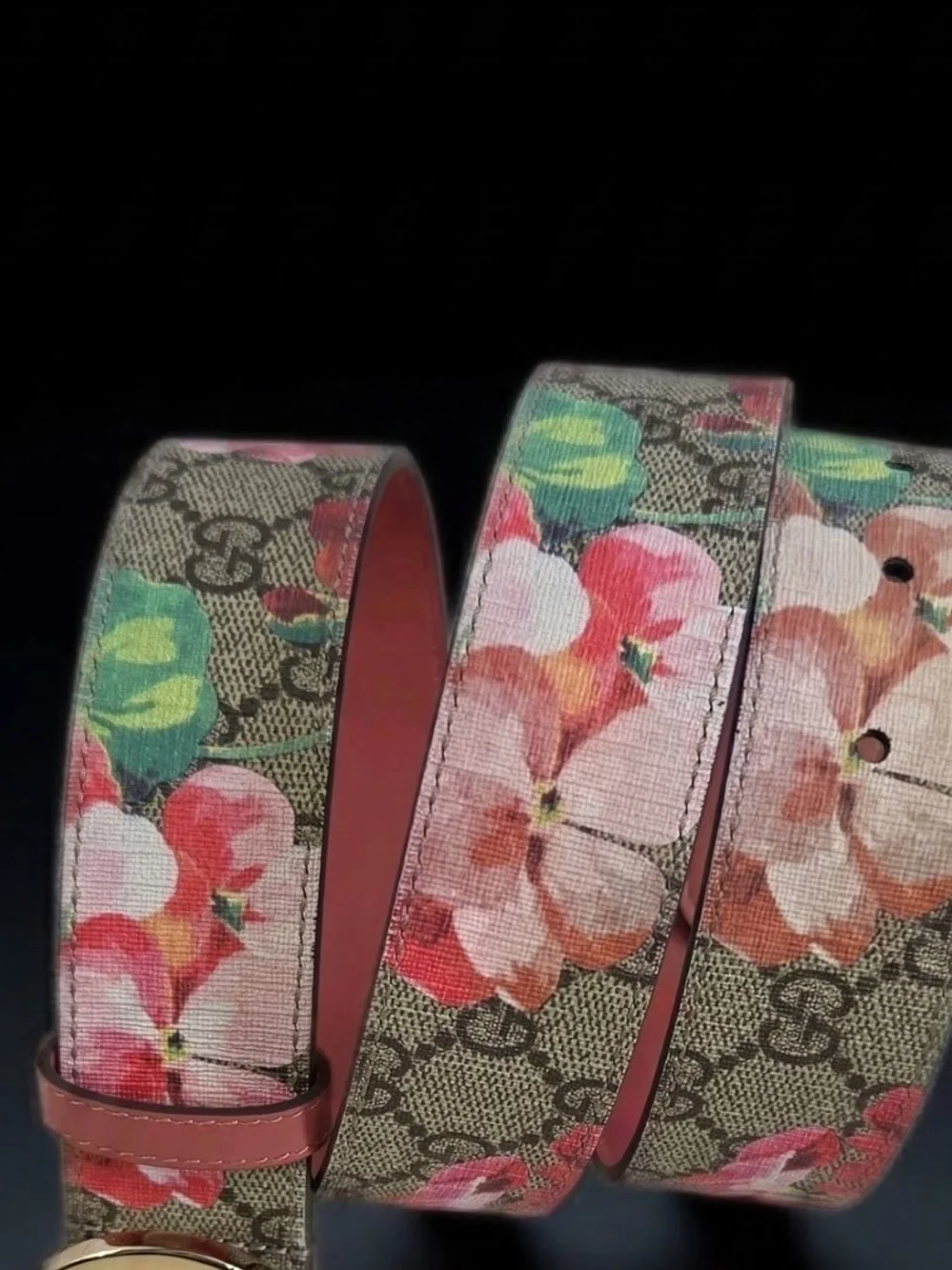 Gucci GG Canvas Belt with Pink Floral Print and Dual-Tone GG Buckles 29